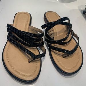 Black sandals with rhinestone straps